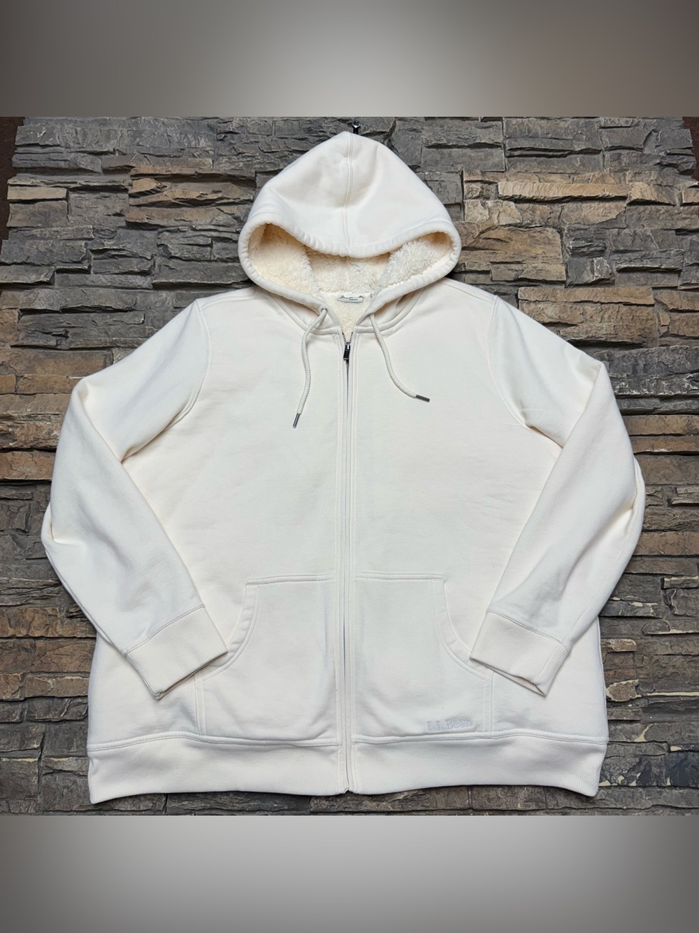 LL Bean Sherpa Lined Hoodie Sweatshirt Women XL 1X Plus Full Zip Cream Off White